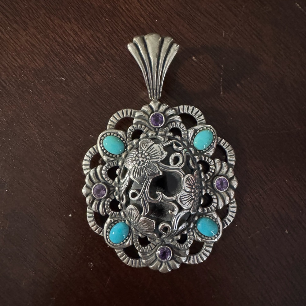 Sterling Silver Pendant with Black Onyx, Turquoise and Amethyst Gemstones